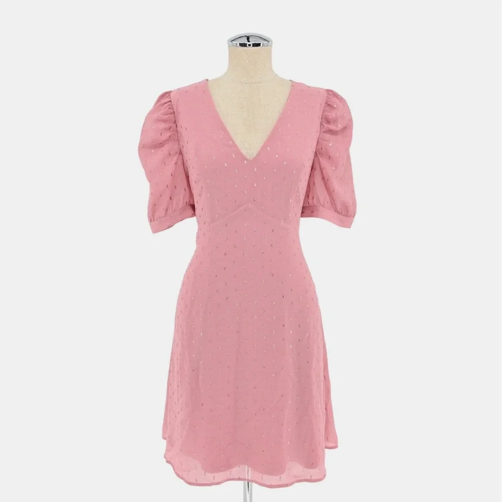 Express Metallic Clip Dot Dress Sz M Pink Gold Puff Sleeve Coquette Ballet Retro - Picture 1 of 12